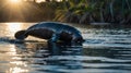 A Gentle Giant: Manatee Gliding Through Shimmering Waters at Sunset Royalty Free Stock Photo