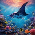 Majestic Manta Ray Gliding Above Vibrant Coral-Studded Ocean Floor