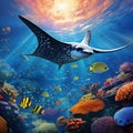 Majestic Manta Ray Gliding Above Vibrant Coral-Studded Ocean Floor