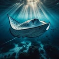 Majestic manta ray swims gracefully underwater, illuminated by beams of sunlight piercing through the ocean's