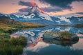 Majestic Matterhorn and Stellisee lake at dawn, Zermatt, Switzerland