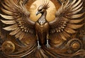 Majestic, mechanical steampunk phoenix made of golden metal with wings widely spread, a symbol of rebirth and renewal, adding an Royalty Free Stock Photo
