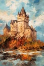 Majestic medieval castle on cliff. Fantasy kingdom. Style of impressionism and oil painting. Metaphorical associative