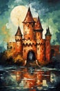 Majestic medieval castle. Fairy tale kingdom. Style of impressionism and oil painting. Metaphorical associative card