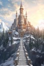 Majestic Medieval Fantasy Cathedral on a Hilltop Winter Background Royalty Free Stock Photo