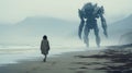 Cinematic Elegance: Woman Walking With Giant Robotic Monster By The Ocean