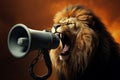 Majestic messenger Lion announces with a hand speaker, signaling warnings