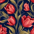 Majestic Midnight Tulips: Seamless Floral Pattern in Opulent Hues Royalty Free Stock Photo