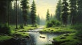 Majestic Mists: An Artist\'s Vision of Tranquil Stream Forest at