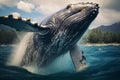 blue whale breaches the ocean\'s surface, defying gravity in a breathtaking display of power and