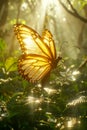 Majestic Monarch Butterfly Basking in Sunlight on Lush Greenery with Magical Forest Background