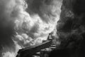 Majestic Monochrome Landscape with Dramatic Clouds Over Stone Stairway Leading to Unknown Royalty Free Stock Photo