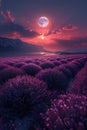 Majestic moon over lavender fields Royalty Free Stock Photo