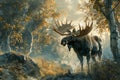 Majestic Moose in Enchanted Autumn Forest Scenery with Sunlight Filtering Through Misty Trees Royalty Free Stock Photo