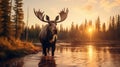 Majestic Moose At Golden Hour By The River