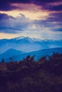 Majestic morning mountain landscape. Dramatic overcast sky.