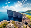 Majestic morning scene of Sorvagsvatn lake on Vagarisland. Sunny summer view of Faroe Islands, Denmark, Europe. Perfect Atlantic s