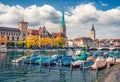 Majestic morning view of Fraumunster Church. Wonderful autumn cityscape of Zurich, Switzerland, Royalty Free Stock Photo