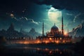 Majestic Mosque Illuminated Under Starry Ramadan Night Sky GenerativeAI