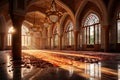 Majestic Mosque Interior in Midday Light, Highlighting Ornate Windows and Patterns during Ramadan