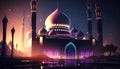 Majestic mosque at night with glowing neon lights. Eastern architecture concept. Ramadan Kareem. Generative AI