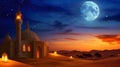 Majestic mosque in a serene desert landscape, bathed in soft Ramadan moonlight with a warm lantern glow