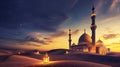 Majestic mosque in a serene desert landscape, bathed in soft Ramadan moonlight with a warm lantern glow