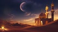 Majestic mosque in a serene desert landscape, bathed in soft Ramadan moonlight with a warm lantern glow