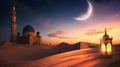 Majestic mosque in a serene desert landscape, bathed in soft Ramadan moonlight with a warm lantern glow