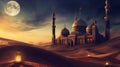 Majestic mosque in a serene desert landscape, bathed in soft Ramadan moonlight with a warm lantern glow