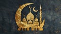 Majestic mosque silhouette with crescent moon in minimalist style, golden lines on dark background Royalty Free Stock Photo