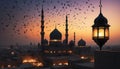 Silhouette Mosque Bats Sunset Cityscape Warm Lantern Royalty Free Stock Photo