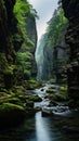 Majestic Mossy Canyons: A Symmetrical Oasis of Flowing Streams a