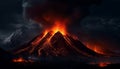 Majestic mountain erupts, flames dance in dark, dangerous volcanic landscape generated by AI