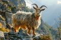 Majestic Mountain Goat Standing on a Rocky Ledge with Scenic Autumn Mountain Landscape in the Background