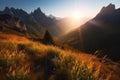 majestic mountain landscape in dawn, with the first rays of sunlight illuminating the peaks