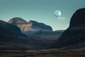 majestic mountain landscape with a full moon, casting its eerie glow over the rugged terrain