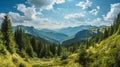 Majestic mountain landscape with layers of green foliage and a bright blue sky overhead Royalty Free Stock Photo