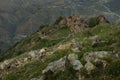 Majestic mountain landscape with ruin of old stone castle on peak of in mountain in Dagestan in blur and heap stones on green.