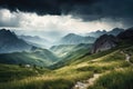 majestic mountain landscape with a storm brewing in the distance