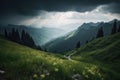 majestic mountain landscape with a storm brewing in the distance