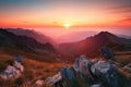 majestic mountain landscape with sunrise, pink and orange sky visible above the horizon