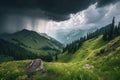 majestic mountain landscape with thunderstorm approaching, clouds rolling in