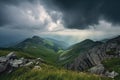 majestic mountain landscape with thunderstorm approaching, clouds rolling in