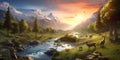 Majestic mountain landscape with waterfall, forest creatures, and serene boat ride