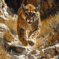 Majestic Mountain Lion Running Through Rocks and Grass Royalty Free Stock Photo