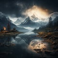 Epic Fantasy Night Scene With Mountains And Water