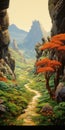 A Majestic Mountain Path: Dark Orange And Emerald Painting