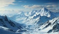 Majestic mountain peak, blue sky, tranquil scene, frozen beauty generated by AI