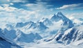 Majestic mountain peak, blue sky, tranquil scene, frozen beauty generated by AI